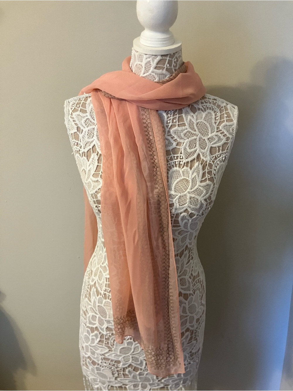 Elegant Peach Silk Scarf with Delicate Trim